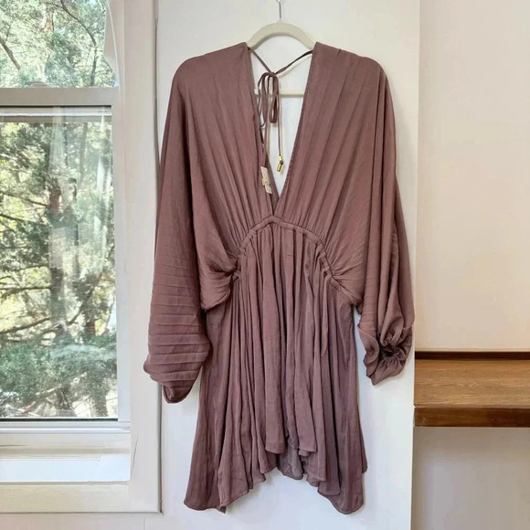 NWT Free People Arzel Mini Dress Long Sleeve Short Pleated Flowy in Cinnamon - Picture 7 of 13